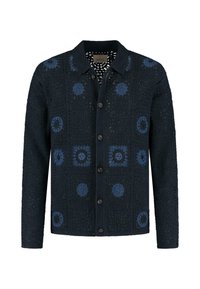 Cardigan tricotat bleumarin cu un model texturat și motive florale albastre, închidere cu butoane și un guler clasic.