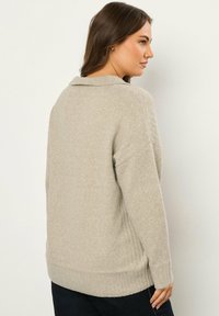 Beige trui met een ontspannen pasvorm, geribbelde zoom en kraag. Zachte textuur en lange mouwen, gedragen met donkere jeans. Minimalistisch ontwerp.