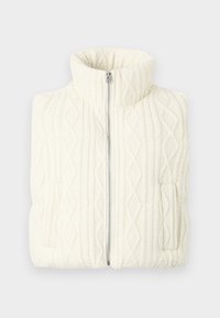 Κρεμ ζακέτα από πλέ knitted με ψηλό γιακά, που διαθέτει διαμαντένιο σχέδιο, φερμουάρ και πλαϊνή τσέπη.