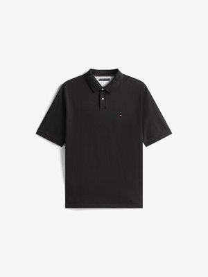 Schwarzes Poloshirt aus Baumwolle mit klassischem Kragen, kurzen Ärmeln, drei Knöpfen am Halsausschnitt und einem kleinen Logo auf der Brust.