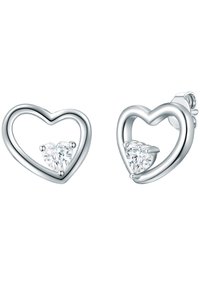 Sølv  øreringe i hjerteform med klare, hjerteformede edelsten, åben design, poleret finish og sikker studlåsesystem.