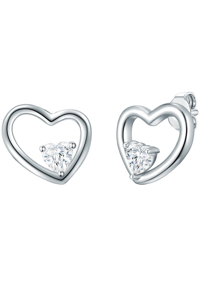 Sølv øreringe i hjerteform med klare, hjerteformede edelsten, åben design, poleret finish og sikker studlåsesystem.