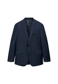 Blazer blu navy realizzato in tessuto liscio, con un bottone singolo, rever a scalpello, due tasche frontali e una tasca sul petto con una texture sottile.