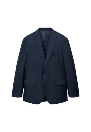 Navy blue blazer made of smooth fabric, featuring a single button, notched lapels, two front pockets, and a chest pocket with subtle texture.
