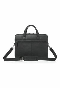 Zwarte leren laptoptas met dubbele bovenhandgrepen, een afneembare schouderriem en een voorzak met rits. Gladde textuur met strakke lijnen.