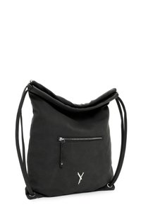 Sac à épaule perforé noir avec une poche zippée à l'avant, texture douce et bretelles ajustables. Présente un design avec un rabat sur le dessus.