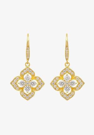 Goudkleurige bloemenoorbellen met clusters van ronde, heldere kristallen en een gepolijste afwerking. Hefboomsluitingen voor een veilige pasvorm.