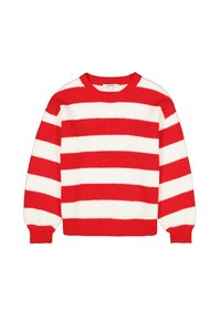 Rood-witte gestreepte gebreide trui met een ronde hals, geribbelde textuur en lange mouwen. Heeft afwisselend brede strepen.