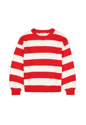 Red and white striped knit sweater with a crew neck, ribbed texture, and long sleeves. Features alternating broad stripes.