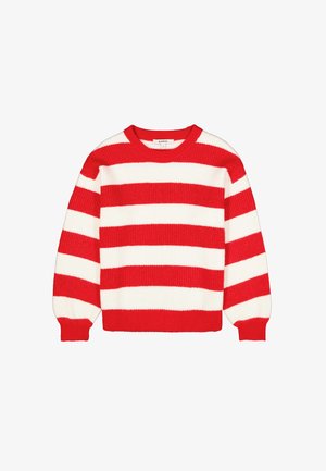 Red and white striped knit sweater with a crew neck, ribbed texture, and long sleeves. Features alternating broad stripes.