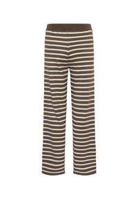 Hnedé a biele pruhované široké nohavice z jemného materiálu, s elastickým pásom a rovný strih, navrhnuté pre pohodlie a voľnosť pohybu.