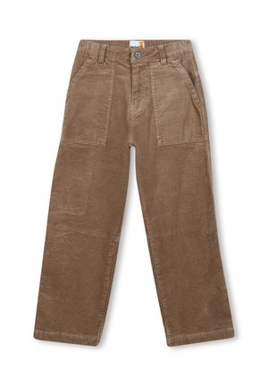 Brązowe spodnie sztruksowe o szerokich nogawkach, z przednimi naszywanymi kieszeniami, szlufkami na pasek i zapięciem na guzik w pasie.