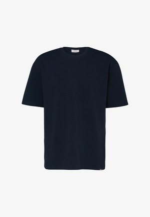 Schwarzes T-Shirt mit kurzen Ärmeln und Rundhalsausschnitt, gefertigt aus strukturiertem Stoff, mit einem kleinen Markenlabel nahe dem unteren Saum.