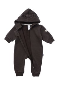Dark brown hooded onesie made of soft fabric, featuring bear ears on the hood, zip closure, and ribbed cuffs. Simple design with label detail.