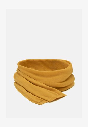 Yellow knit infinity scarf with a smooth texture, rounded edges, and an overlapping design. Material appears soft and medium weight.
