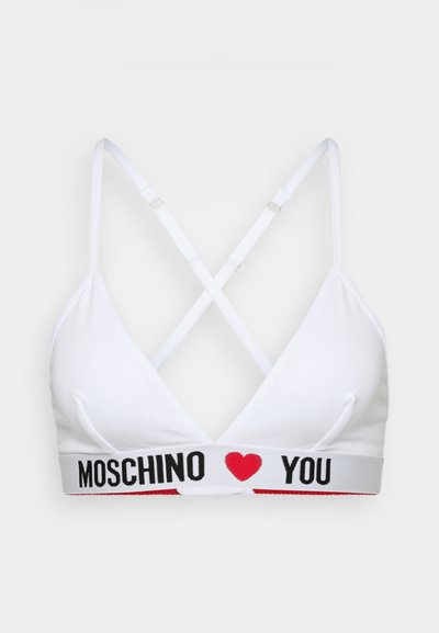 Bela bralette s trikotno zasnovo, nastavljivimi naramnicami in kontrastnim pasom z napisom "MOSCHINO ♥ YOU" v črni in rdeči barvi.