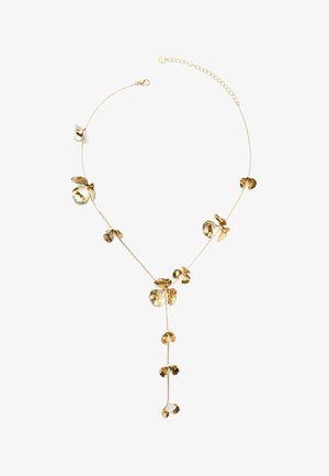 Goldfarbener Halsreif mit facettierten kristallähnlichen Perlen, zarten Blätterakzenten und einer verstellbaren Kette für variable Längen.