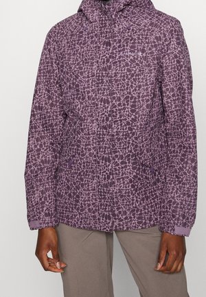 Fioletowa kurtka w wzory wykonana z lekkiego, wodoodpornego materiału, z kapturem i elastycznymi mankietami; posiada dwie ukryte kieszenie boczne.