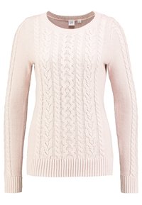 Ljust rosa stickad tröja med kabelmönster, ribbade mudd och nederkant, rund hals och texturerad tyg.