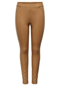 Hnědé legíny z umělé kůže s elegantním designem, obsahující přední švy a elastický pas pro těsně padnoucí siluetu.