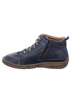 Blue leather mid-top shoe with gray laces, side zipper, brown rubber sole, and decorative stitching along the edges.