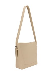 Beige leren schoudertas met een gestructureerd ontwerp, verstelbare schouderband en een gladde textuur; beschikt over minimalistische accenten en een strakke silhouwet.