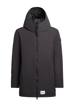 Black insulated jacket with a high collar and a full front zipper. Features long sleeves, a smooth texture, and an embroidered logo on the hem.