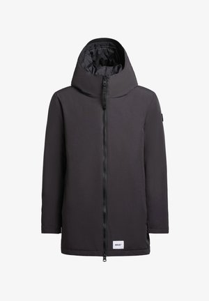 Black insulated jacket with a high collar and a full front zipper. Features long sleeves, a smooth texture, and an embroidered logo on the hem.