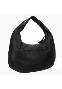 Sac hobo en cuir noir avec une finition douce et texturée. Comprend une bandoulière simple et une poche zippée à l'avant. Design arrondi et spacieux.