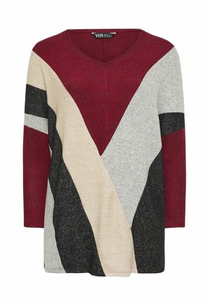 V-kaula-aukollinen, pitkähihainen neulepaita burgundinpunaisena, kermanvärisenä, harmaana ja mustana. Siinä on geometrinen väriblokkimalli ja pehmeä tekstuuri.