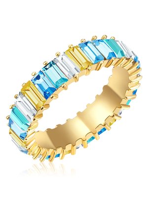 Aukso spalvos žiedas, pasižymintis daugybe stačiakampių daugiapalvių kristalų mėlynos, skaidrios ir geltonos spalvų atspalviais, su tekstūruotu juostu.