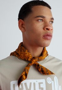 Brown patterned scarf featuring the word "DADA" in a repeating design, knotted stylishly around the neck over a beige shirt.