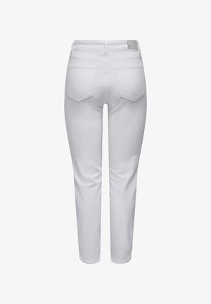 Bijele traperice slim kroja, s glatkom teksturom, dizajnom s pet džepova i detaljima na stražnjem dijelu. Jednostavan i čist estetika.