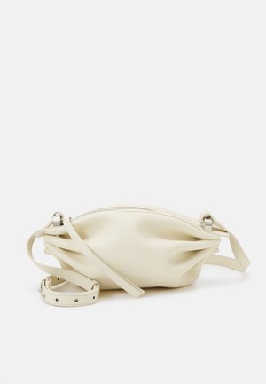 Cream leather clutch bag with a gathered design, featuring a zip closure and a removable adjustable strap. Smooth texture, minimal hardware.