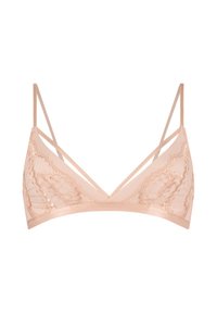 Licht perzik kleurige kanten bralette met delicate bloempatronen, verstelbare dunne bandjes en een gladde onderband, die een zachte, doorschijnende textuur biedt.
