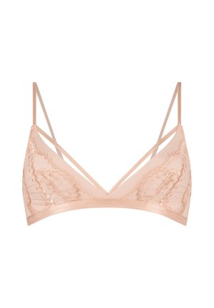 Licht perzik kleurige kanten bralette met delicate bloempatronen, verstelbare dunne bandjes en een gladde onderband, die een zachte, doorschijnende textuur biedt.