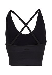 Musta urheilbrasimi, jossa on korkea kaula-aukko, ristikkäinen selkäosa ja röyhelöity alaosa, jossa on kohokuvioitu logo. Silkinpehmeä, venyvä kangas.