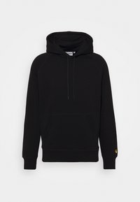 Svart hoodies med känguruficka, ribbade ärmar och en guldig logotypaccent. Tillverkad av ett strukturerat, lätt material.