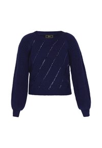 Pulover tricotat de culoare bleumarin, cu un design texturat, având modele de coardă diagonale și accente strălucitoare; dispune de un guler rotund și mâneci lungi.