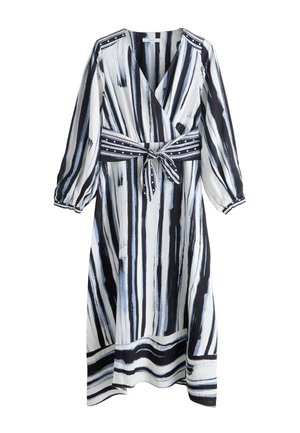Langarmige, V-Hals wikkeljurk met zwarte, witte en grijze verticale penseelstrepen en een bijpassende riem gestrikt in de taille.