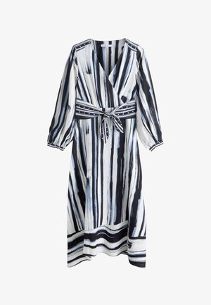 Langarmige, V-Hals wikkeljurk met zwarte, witte en grijze verticale penseelstrepen en een bijpassende riem gestrikt in de taille.