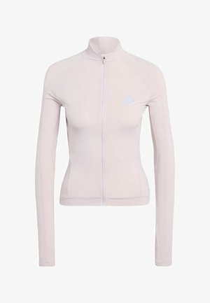 Veste zippée à manches longues rose clair avec un col haut, texture côtelée et petit logo blanc sur la poitrine.