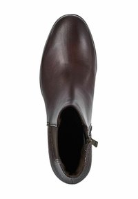 Braune Leder-Ankle-Boots mit glatter Oberfläche, Reißverschluss und strukturierten Akzenten an der Ferse. Runde Zehenform und minimalistisches Design.