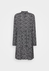 Dlouhé černé šaty s květinovým bílým vzorem, vysokým límcem a sklady na sukni. Vyrobeno z lehkého, poloprůhledného materiálu.