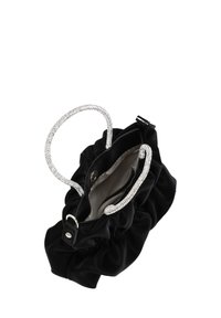 Schwarze Satin-Handtasche mit gerafftem Design, silbernen Perlengriffen und glattem Innenfutter. Sichere Verschluss und dezente Innenmuster-details.