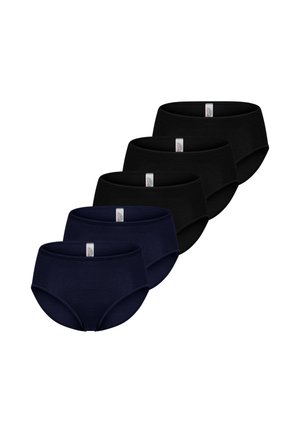 Vijf paar dames katoenen slips, drie in het zwart en twee in marineblauw, elk met een klein wit etiket in het midden van de tailleband.