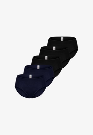 Cinq paires de culottes en coton pour femmes, trois en noir et deux en bleu marine, chacune avec une petite étiquette blanche au centre de la ceinture.