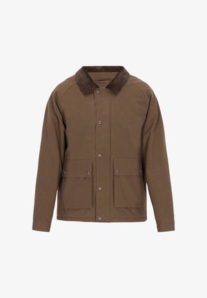 Braune Jacke mit Cordkragen, Knopfverschluss und zwei großen Klappentaschen mit Druckknöpfen auf der Vorderseite.