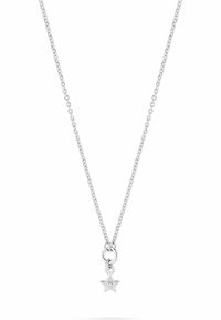 Silberne Kettenhalskette mit einem kleinen, sternförmigen Anhänger mit einem zentralen Stein. Die Kette hat verflochtene Glieder und eine polierte Oberfläche.