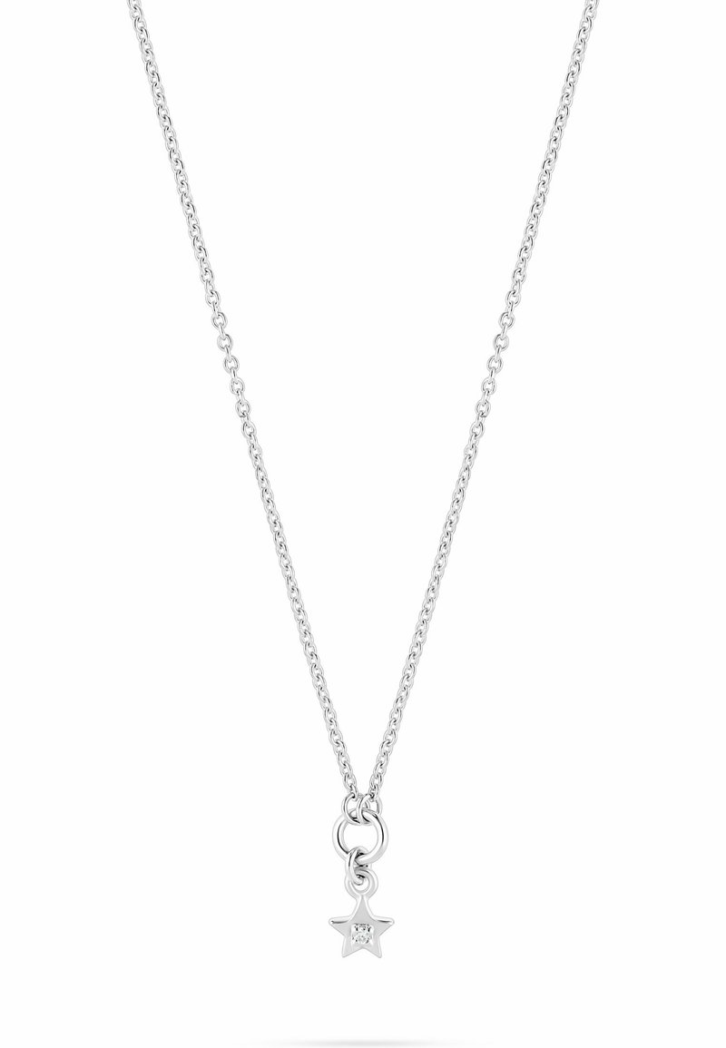 Silberne Kettenhalskette mit einem kleinen, sternförmigen Anhänger mit einem zentralen Stein. Die Kette hat verflochtene Glieder und eine polierte Oberfläche.